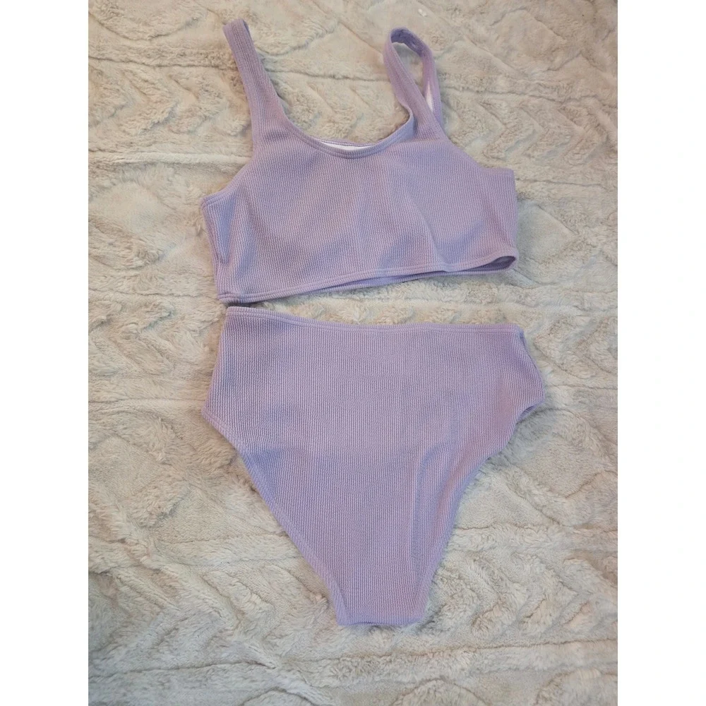 Lavender Purple Ribbed High Waisted Two Piece Bikini Set Girls Size 13-14Y